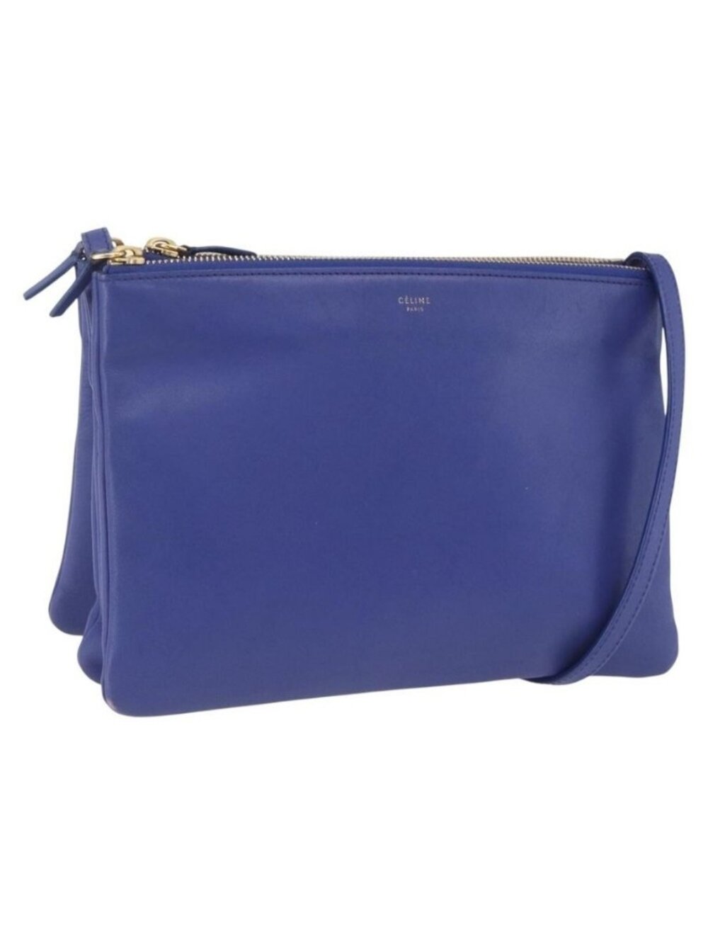 Authentic CELINE Trio Large Shoulder Bag Leather Blue Gold